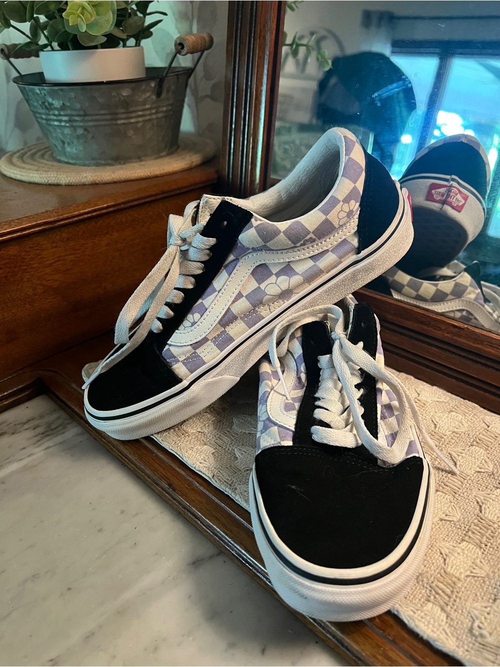 VANS Old Skool Classic Low Top Floral & Checkerboard Sneakers Black Purple White
